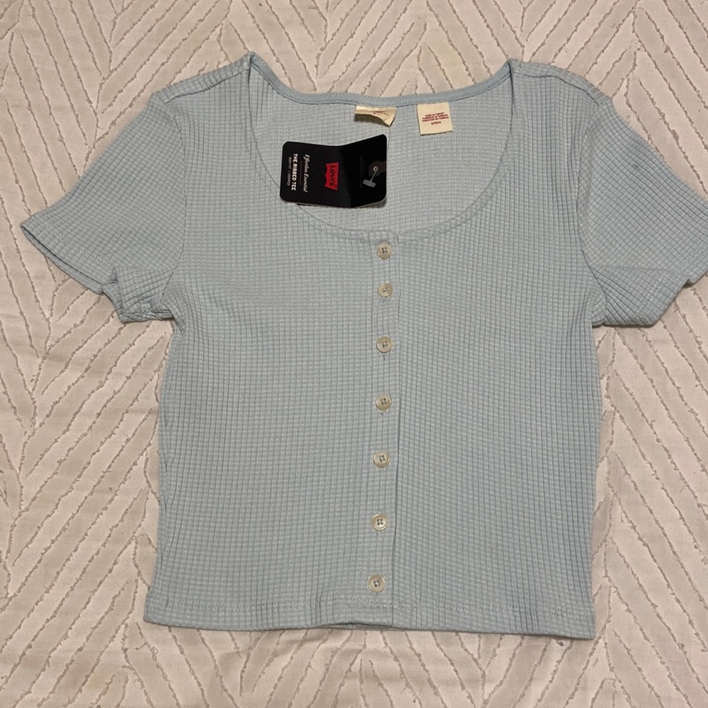 Light blue, cropped, button down, t shirt, brand new, tag is still on, levis
